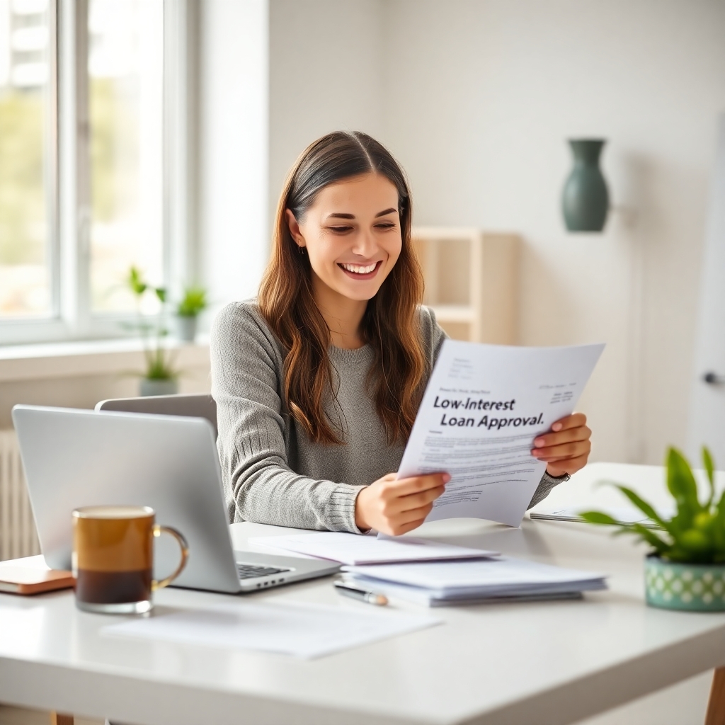 Person sitting at a desk and smiling while looking over loan documents labeled ‘Low-Interest Loan Approval.’